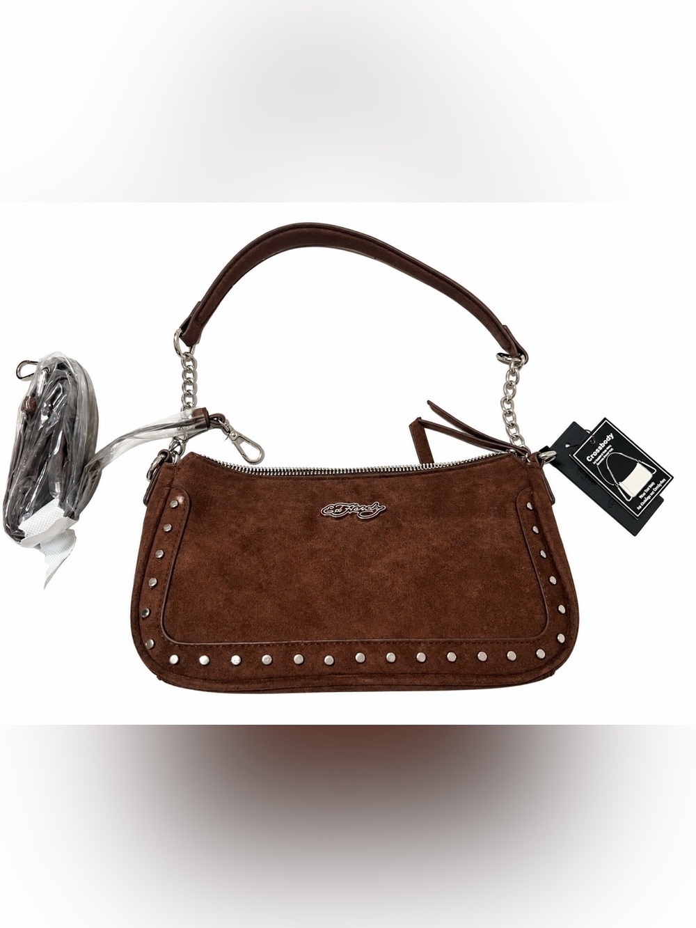 Ed Hardy Brown Suede Shoulder Bag with Stud Accents